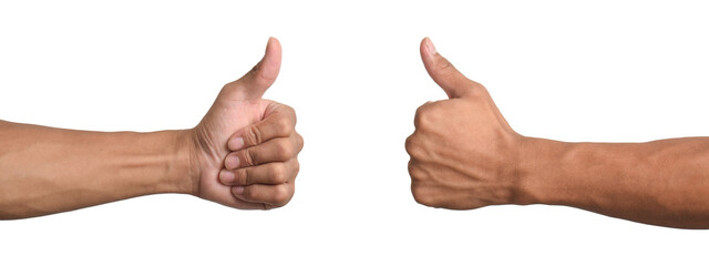 Two male hands showing thumbs up sign isolated on white background