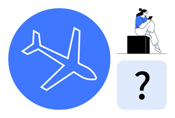 Large blue circle with white airplane icon, person in blue reading on cube, grey box with question mark. Ideal for travel queries, aviation, decision-making guides, travel tips, lifestyle, problem