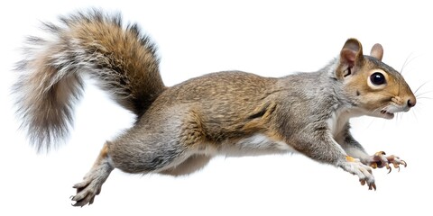 Obraz premium Dynamic Jumping Squirrel in Gray and Brown against a White Background