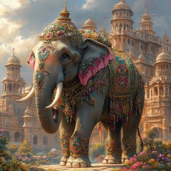 Fototapeta premium Majestic Elephant with Colorful Ornaments in Front of Vibrant Indian Palace Watercolor Illustration