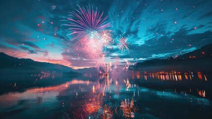 Fireworks over a serene lake, reflecting vibrant colors in the water