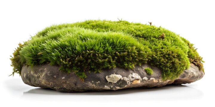 Moss-Covered Rock Adorned with Verdant Grass on Pristine White Background