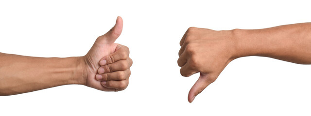Thumbs up and thumbs down isolated white background