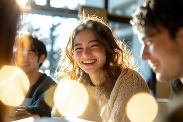 カフェで談笑する大学生の男女