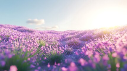 Fototapeta premium A serene lavender field bathed in sunlight, creating a tranquil and picturesque landscape.