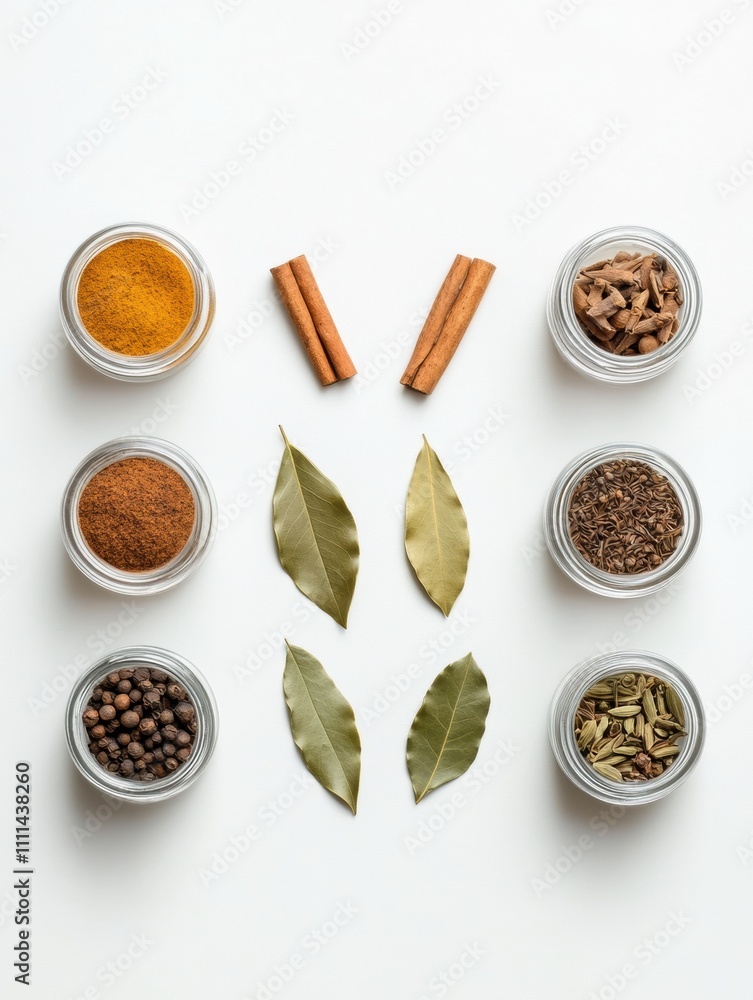 Poster brightly colored jars contain various spices alongside bay leaves and cinnamon sticks, creating a vi
