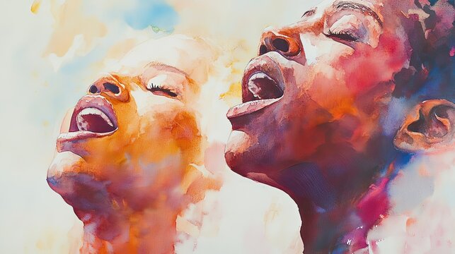 Close-up of a gospel duo singing together, showcasing their joyful expressions in soft watercolor brushstrokes with radiant light emphasizing their unity and passion for music