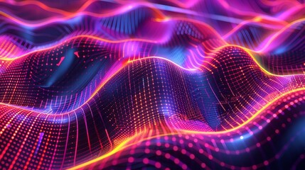 Glowing particles creating a dynamic, abstract landscape with vibrant colors, representing digital innovation and futuristic technology