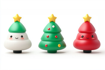 A set of three adorable Christmas tree figurines in white, green, and red, each topped with a red star and featuring smiling faces. The minimalist and playful design