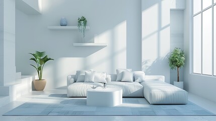 Floating geometric shapes in a white minimalist living room