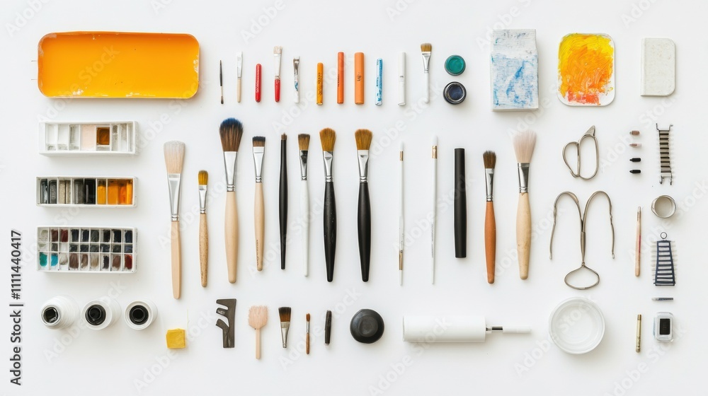 Poster a range of hobby and diy tools—brushes, scissors, glue, and paints—are neatly displayed on a white b