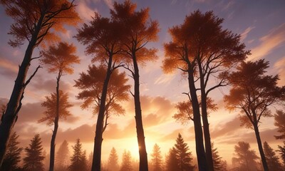 Fototapeta premium A beautiful sunset casts a warm glow across a group of trees as a few wispy clouds float by , serene, tree, golden hour
