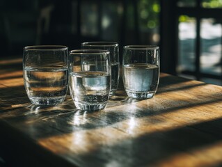 Obraz premium glasses of clear water on a wooden kitchen table. Daily water consumption rate, - ai