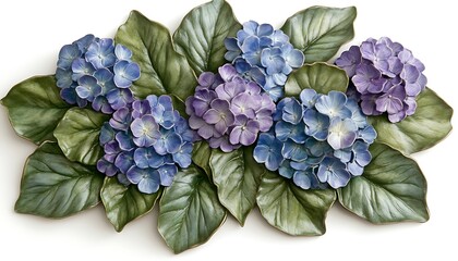 Obraz premium A decorative piece featuring hydrangeas in shades of blue and purple with green leaves.