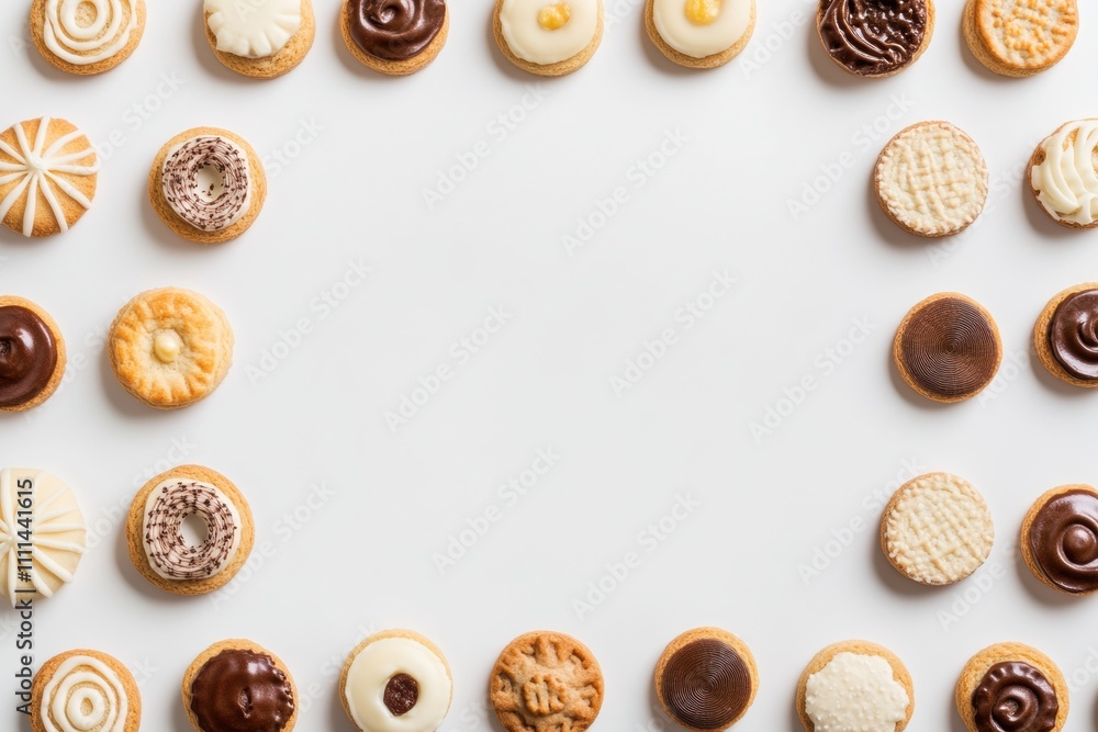 Poster colorful cookies and sweets are beautifully arranged on a white background, leaving ample space for 
