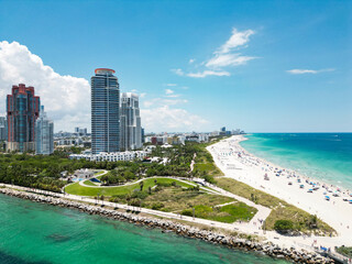 Aerial view of beautiful Miami Beach city, Florida, United States. Drone shot of Miami on sunny...