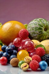  A vibrant representation of vitamins and minerals, depicted as shiny, colorful spheres or crystals surrounded by fresh fruit, vegetables and nuts. In the background, a soft light symbolizing health