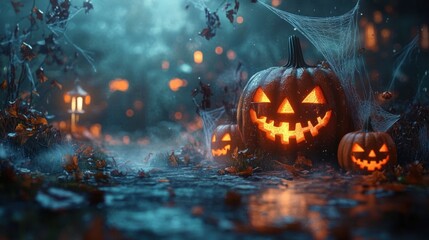 Naklejka premium Spooky Halloween Scene with Carved Pumpkins Glowing in the Dark Misty Landscape with Cobwebs and Lantern Light