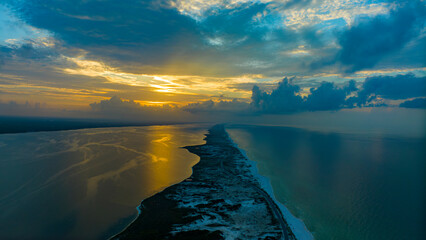 JULY 13, 2023, PENSACOLA, FL., USA - aerial view of sunrise on Pensacola National Seashore National Park on Gulf of Mexico outside of Pensacola