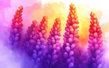 Fototapeta premium Vibrant watercolor of colorful floral spikes in sunset glow
