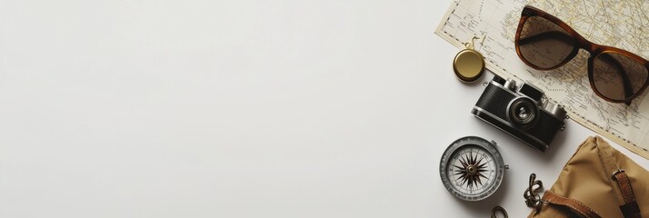 Travel essentials arranged on a white background, featuring a map, compass, camera, and sunglasses, perfect for eager adventurers. Generative AI