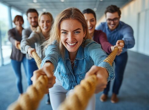 tug of war competition teamwork office struggle businessman businesswoman strength challenge determination project success