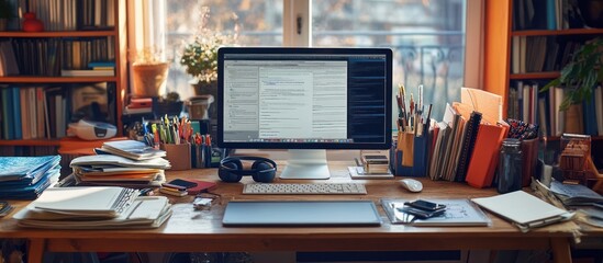 A cluttered home office desk with a computer, keyboard, mouse, headphones, and stacks of papers and books.