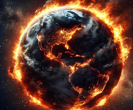 A planet earth exploding in flames destroyed by a bomb