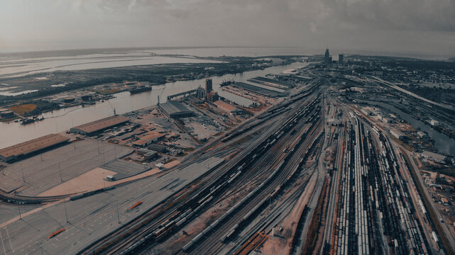 JULY 12, 2023, MOBILE ALABAMA, USA - aerial view of railroad yard outside of Mobile Alabama Port