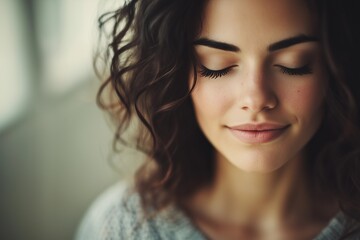 Fototapeta premium Serene Woman with Closed Eyes and Wavy Hair