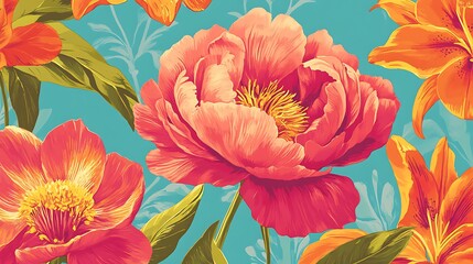 Vibrant floral pattern with peonies and lilies on a bright blue background.