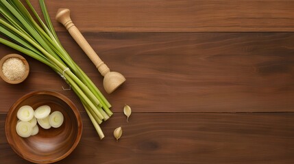 Naklejka premium Lemongrass aroma offers organic freshness. Fresh herbs and spices on a wooden table