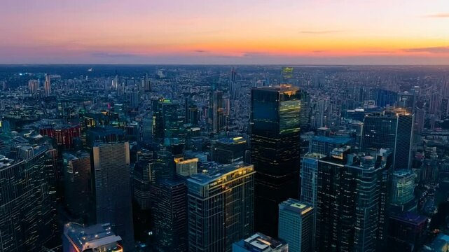 Urban skyline with tall buildings and vibrant sunset colors in evening. Architecture concept