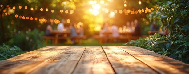 Outdoor Summer BBQ Party with Empty Wooden Table in Garden Background