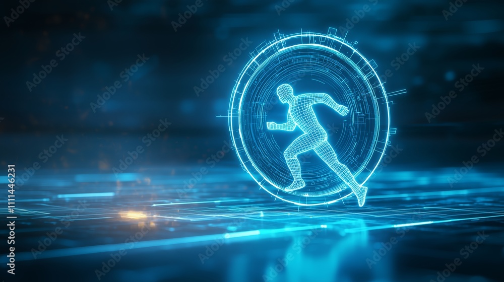 Poster futuristic running figure in digital data environment