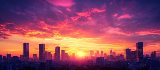 Silhouetted city skyline with vibrant pink and orange sunset sky.