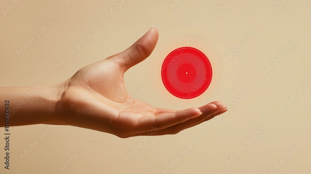 Poster hand holding red circular object in soft light