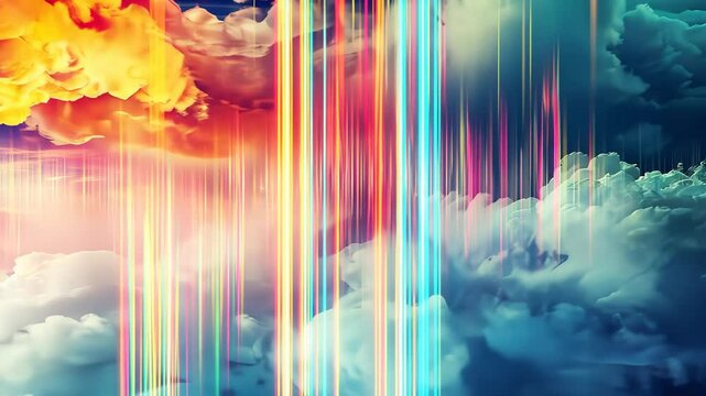A vibrant sky filled with clouds and the vivid colors of a rainbow shining through, A colorful, surreal representation of data migration from NAS to cloud