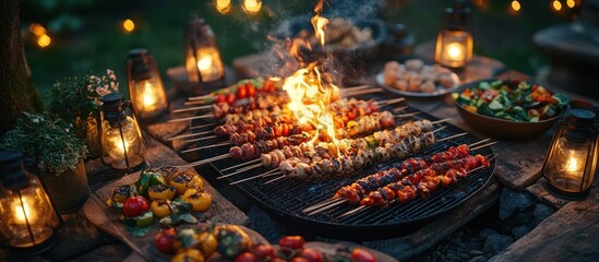 A close-up of a barbecue grill with skewers of meat and vegetables cooking over an open flame, surrounded by lanterns, plates of food, and a wooden table.