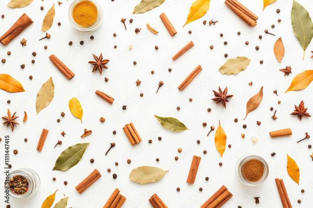 Poster colorful jars filled with spices, bay leaves, and cinnamon sticks create an aromatic spread on a cle