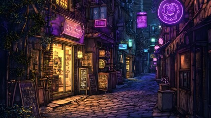 Naklejka premium Nighttime Alleyway Scene Neon Lights Asian Cityscape