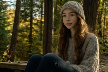 Obraz premium Young woman with long wavy hair wearing cozy knit sweater and beanie, sitting in serene forest setting surrounded by autumn foliage and soft natural light