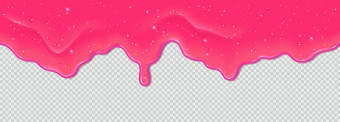 Realistic 3D dripping glossy pink slime with glitter isolated on transparent background. Border of flowing sticky sweet jelly. Vector template of chewing gum, cream or caramel icing for cake or donut