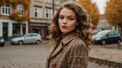 Fototapeta premium Woman backwards. Dressed in vintage tweed. Brown hair wavy. It's outside in an autumn town