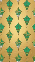 Fototapeta premium Green Kite pattern hand drawn design on Gold background illustration