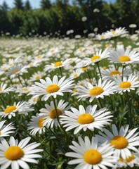 Fototapeta premium Field of white daisies with yellow centers swaying gently in the breeze, flowers, sunflower fields