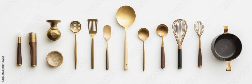 Poster a collection of gleaming kitchen utensils neatly arranged on a clean white background, highlighting 