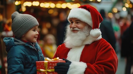 Santa Delivering Gifts in a Bustling Christmas Atmosphere