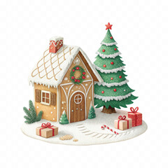 abstract 3D Gingerbread house decorated with wreath, snow, and Christmas tree with gifts on a white background.