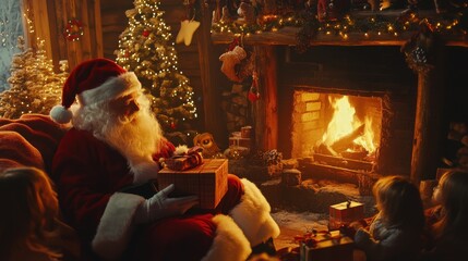 Santa in a Cozy Log Cabin with Children by the Fire
